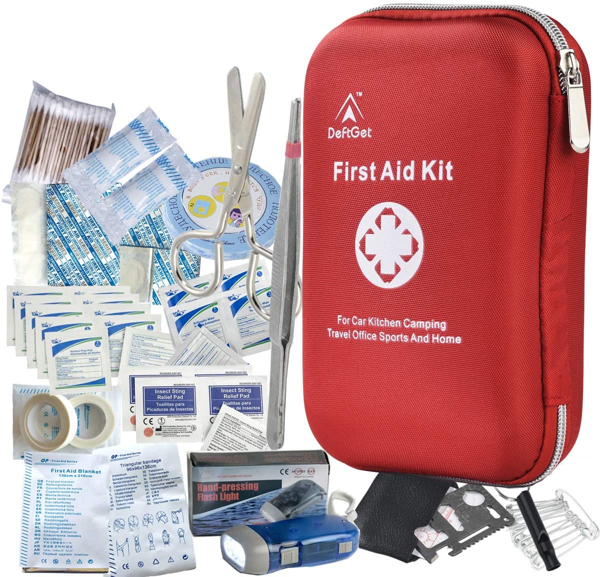 DeftGet First Aid Kit - 163 Piece Waterproof Portable Essential Injuries & Red Cross Medical Emergency Equipment Kits : for Car Kitchen Camping Travel Office Sports and Home